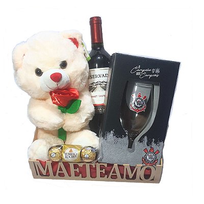 Cesta Dia Das Mães Corinthians Times De Futebol Com Urso, Taça, Vinho