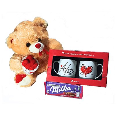 Cesta De Presente Namorados Com Urso, Milka E Canecas