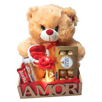 Cesta Presente Namorados Urso, Flor Que Acende E Ferrero