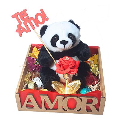Cesta Namorados Te Amo Com Urso Panda E Luminária