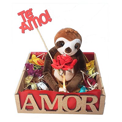 Cesta Namorados Te Amo Com Bicho Preguiça E Luminária