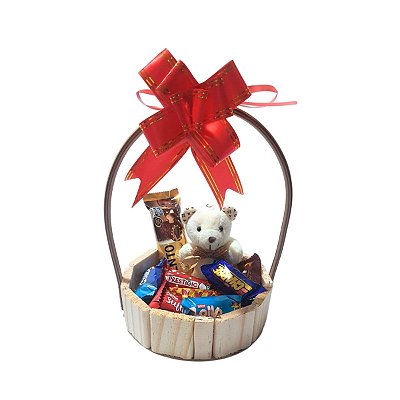 Cesta de Presente Ursinho Chaveiro com Bombons Lembrança