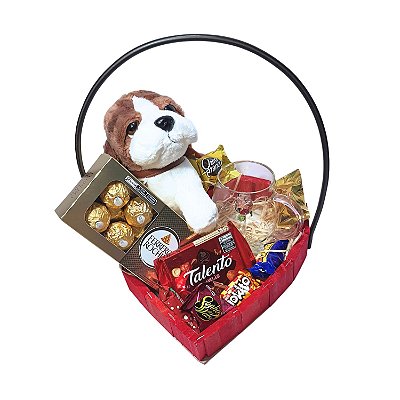 Cesta Presente Coração Caneca borossilicato, Pelúcia e Bombons