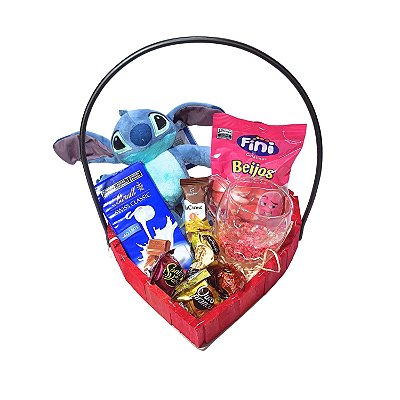 Cesta Stitch com Chocolate Suíço, Caneca borossilicato, Bombons