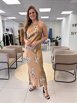 VESTIDO CETIM DOURADO FLORAL