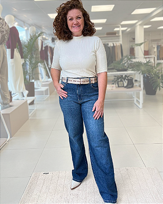 CALÇA JEANS WIDE LEG COM CINTO LOGO