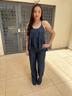CALÇA WIDE LEG JEANS COM LINHO