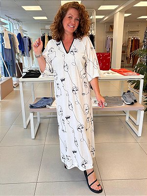 VESTIDO MIDI EM LINHO BORDADO FACES