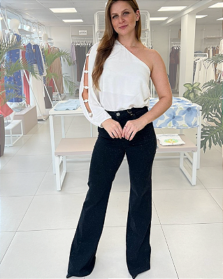 CALÇA JEANS FLARE COM BRILHO