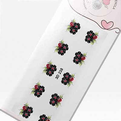 Adesivo 3D para Unhas- Flores Pretas e Botão de rosa vermelha-3D 238