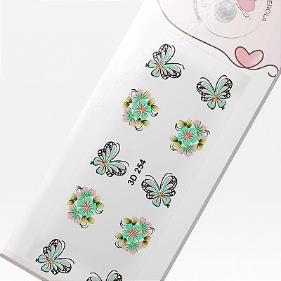 Adesivo 3D para Unhas-Borboleta e flores verde e rosa-3D 254