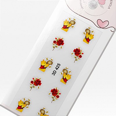 Adesivo 3D de unhas- Ursinho Pooh e rosas-3D 425