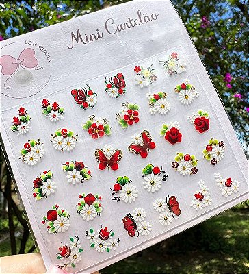 MINI CARTELÃO adesivos para unhas com 30 UNIDADES - Margaridas, borboletas e florzinhas-VERMELHA