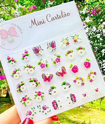 MINI CARTELÃO adesivos para unhas com 30 UNIDADES - Margaridas, borboletas e florzinhas-ROSA