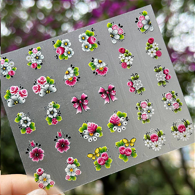 Mini Cartelão de Películas para Unhas 30 unidades- Florzinhas Rosas e Brancas