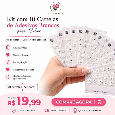 Kit com 10 cartelas de Peliculas Brancas Com strass- 100 unidades de peliculas