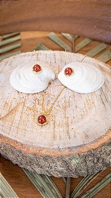 Conjunto Folheado a Ouro com Ágata Vermelha - Esfera