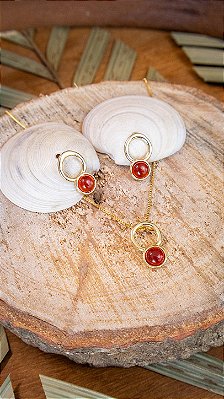 Conjunto Folheado a Ouro com Ágata Vermelha - Esfera com Argola