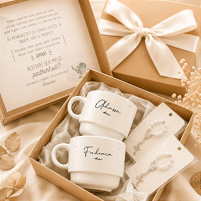 Caixa Elegante para Padrinhos de Batismo – Kit com Canecas Personalizadas