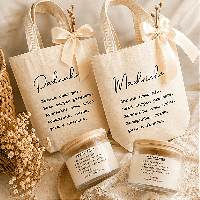 Kit Lembrança Batizado Padrinhos Madrinha Vela Aromática e Mini Ecobag Decorada Convite Dindo Dinda