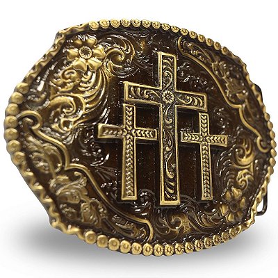 Fivela Country Cruz Tripla 044 7x5 - Ouro Velho