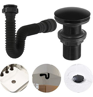 Válvula Click Ralo E Sifão Sanfonado Black De Pia Banheiro Sowshop