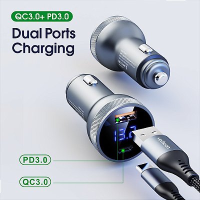 Carregador Turbo 3.0 Duplo com Voltímetro Alumínio Vothoon