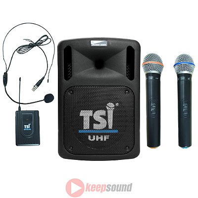 Sistema de Som Caixa Com Bateria e Microfone Duplo Sem fio CSM-100-UHF - TSI