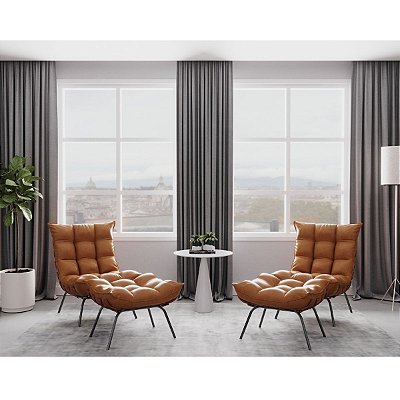 Kit 2 Poltronas Costela Com Puff Em Corino Marrom