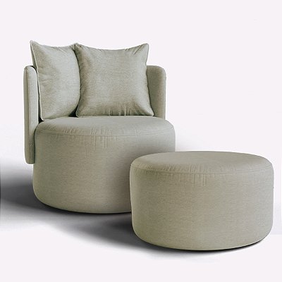 Poltrona Giratória Bangkok com Puff em Linho Off White
