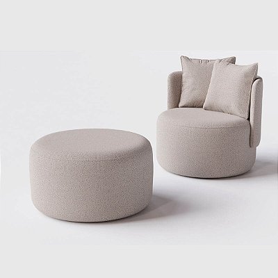 Poltrona Giratória Bangkok com Puff em Bouclé Chapagne