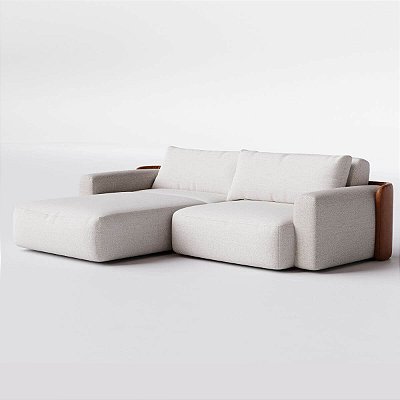 Sofá Cama Ibiza Sem Caixa com Super Chaise 2,20m em Linho Off White Areia e Corino Marrom