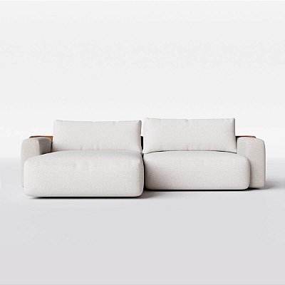 Sofá Cama Ibiza Sem Caixa com Super Chaise 2,40m em Linho Off White Areia e Corino Marrom
