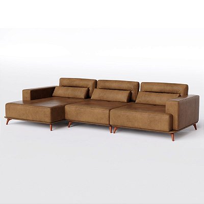 Sofá Living Fixo Houston com Chaise 3,17m em Couro Nozes