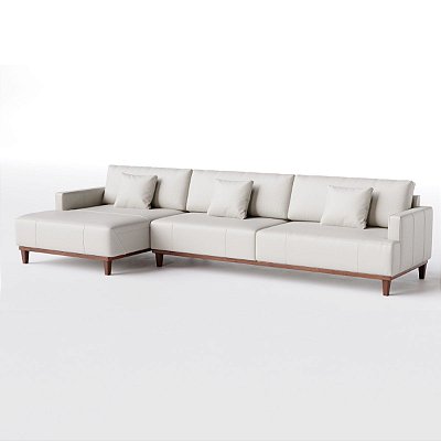 Sofá Doha Living Fixo com Chaise 2,90m x 1,47m em Couro Bege