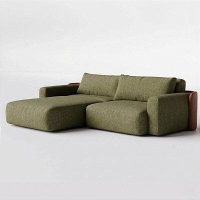 Sofá Cama Ibiza Sem Caixa com Super Chaise 2,80m em Linho Verde e Corino Marrom