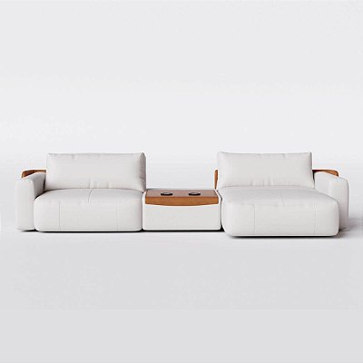 Sofá Cama Ibiza Sem Caixa com Console 3,25m em Linho Off White Areia e Corino Marrom