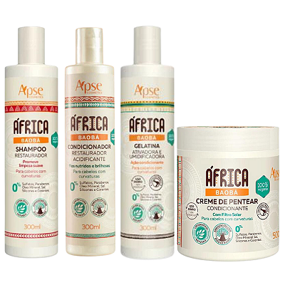 Kit Shampoo, Condicionador, Gelatina e Creme para Pentear África Baobá - APSE