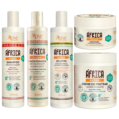 Kit Shampoo, Condicionador, Gelatina, Máscara e Creme para Pentear África Baobá - APSE