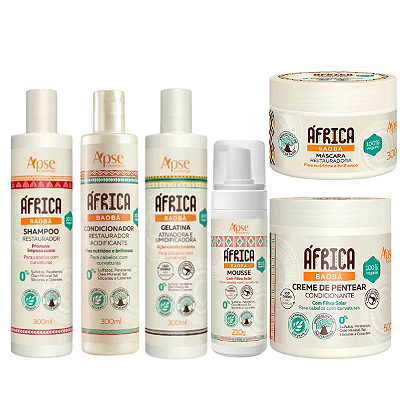 Kit Shampoo, Condicionador, Gelatina, Mousse, Máscara e Creme para Pentear África Baobá - APSE