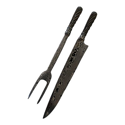 Kit Faca e Garfo Forjado em Aço Damasco 180 Camadas, Cabo em Madeira Nobre Aramado