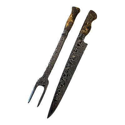 Kit Faca e Garfo Forjado em Aço Damasco 180 Camadas, Cabo em Osso de Baleia com Flocos de Ouro
