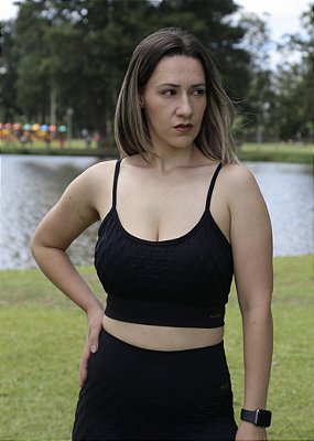 Top Cropped Preto - Bolha / Brocado