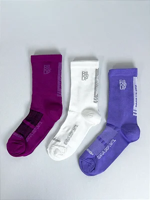 Kit 3 Meias Runner de Poliamida - Roxo, Branco e Rosa Fúcsia