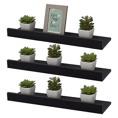 Kit 3 Prateleiras Porta Quadros 60 x 15cm Preta Suporte Invisível