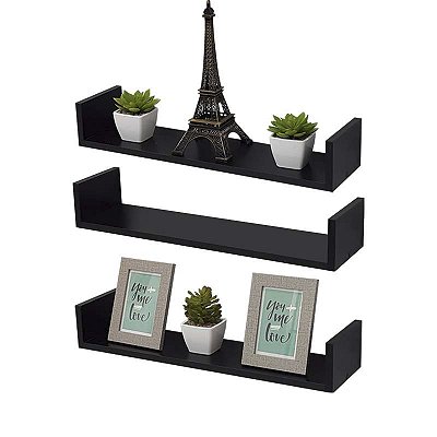 Kit 3 Prateleiras U 60 x 20cm Preta com Suporte Invisível