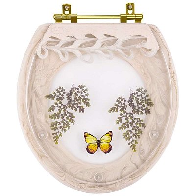 Assento Sanitário Poliester Oval Bege Claro Decorado Borboleta Amarela Com Ferragem Dourada