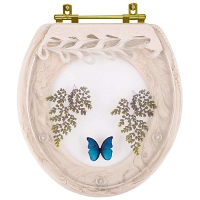 Assento Sanitário Poliester Oval Bege Claro Decorado Borboleta Azul Com Ferragem Dourada