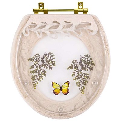 Assento Sanitário Poliester Oval Biscuit Decorado Borboleta Amarela Com Ferragem Dourada