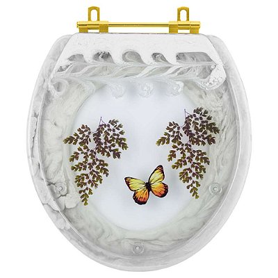 Assento Sanitário Poliester Oval Branco Decorado Borboleta Amarela Com Ferragem Dourada